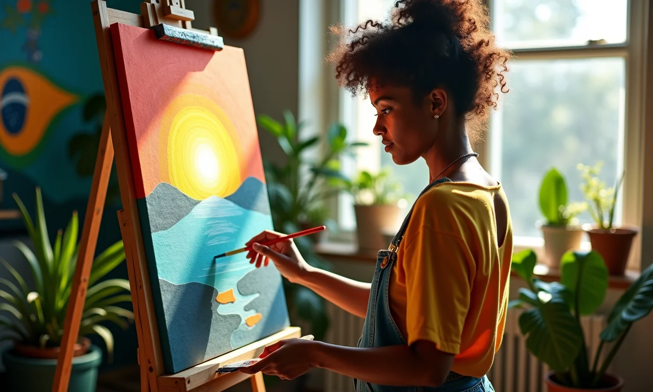 Artista pintando em estúdio ensolarado.