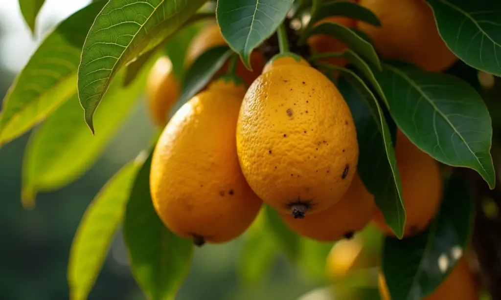 Árvore de abiu carregada de frutos dourados e maduros.