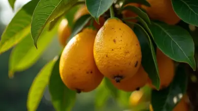 Árvore de abiu carregada de frutos dourados e maduros.