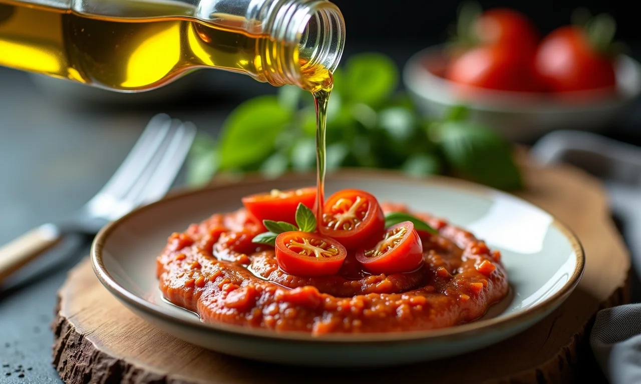 Azeite extra virgem sendo adicionado ao patê.