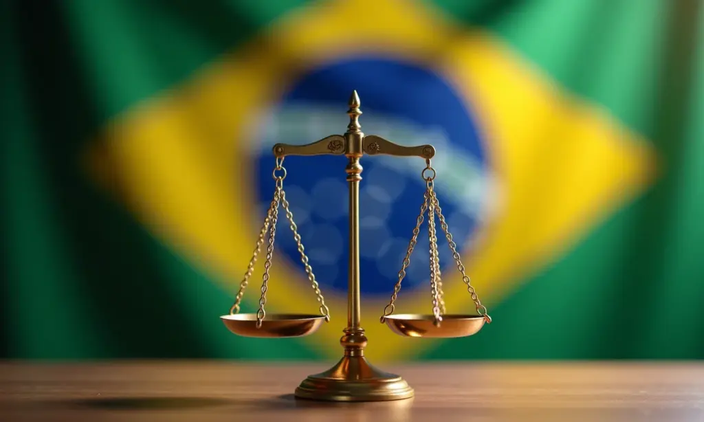 Qual A Diferença Entre Governo E Estado? Balança da justiça equilibrada pela opinião pública e políticas governamentais, representando a relação entre governo e estado.