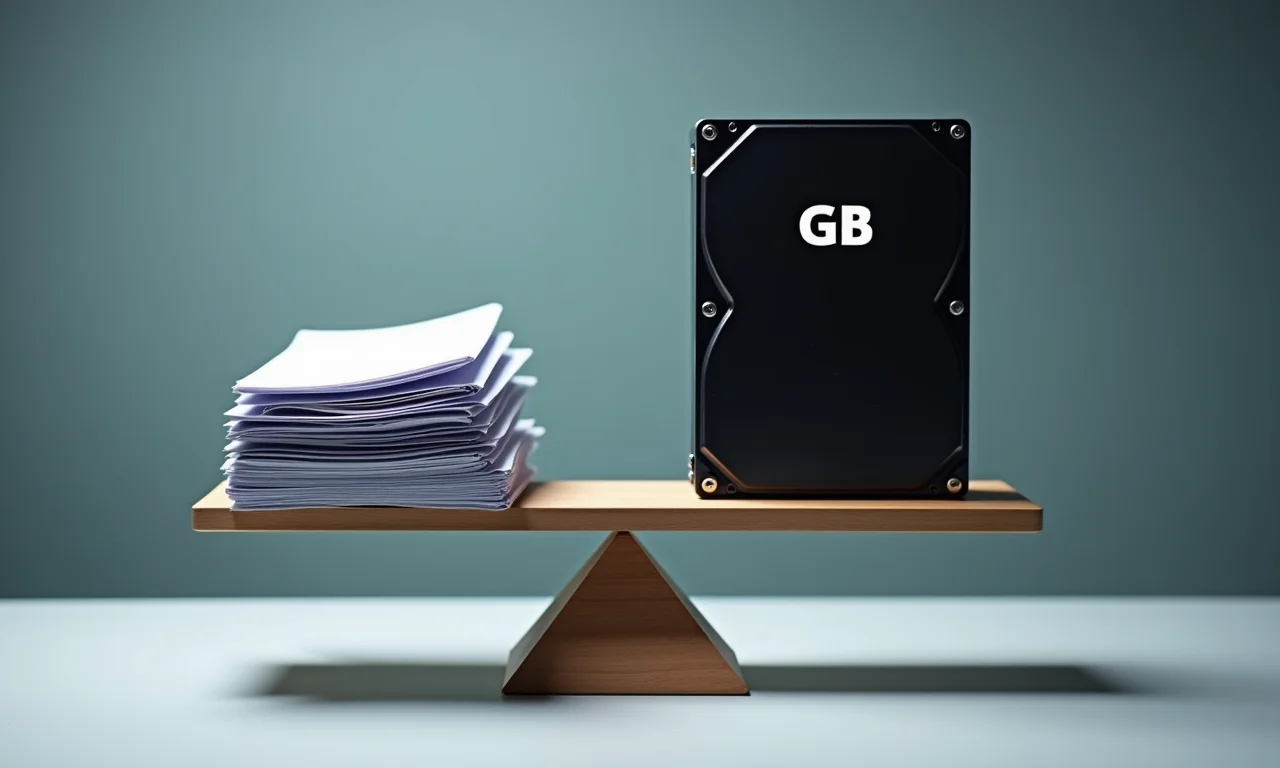 Balança digital comparando o 'peso' de MB e GB.