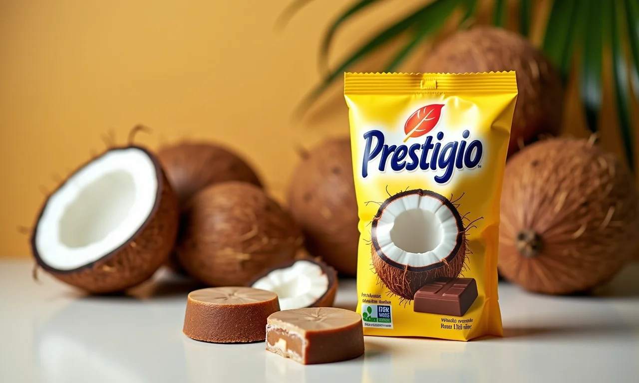 Barra de chocolate Prestígio ao lado de cocos frescos.