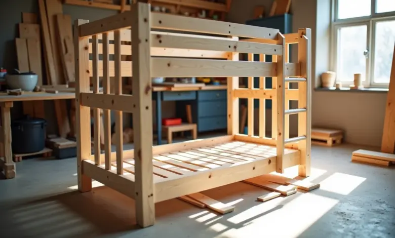 Beliche de madeira em construção em oficina iluminada.