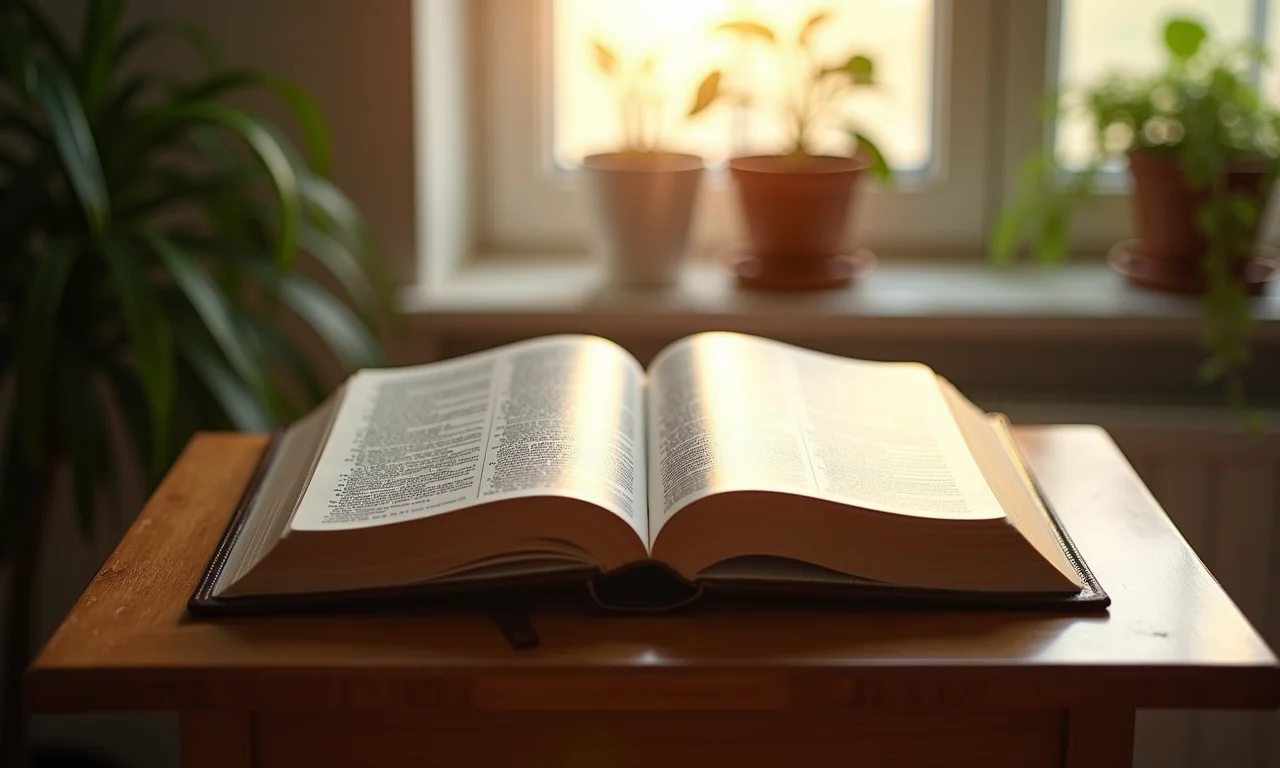 Bíblia aberta em um púlpito de madeira simples, representando a escolha do cânon protestante.