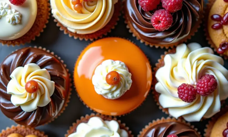 Bolos e doces decorados com glacê e chantilly, mostrando as diferenças.