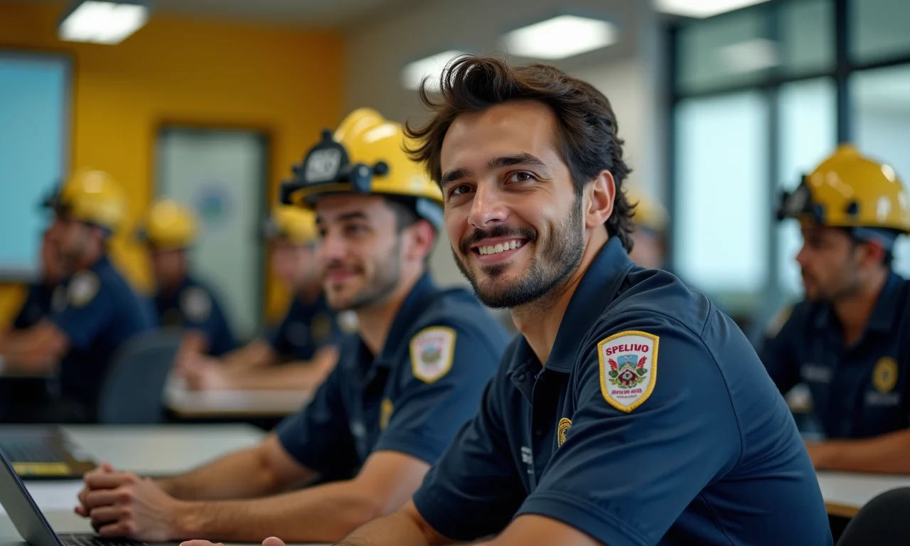 Bombeiro civil em treinamento e socorrista em curso de formação no Brasil.