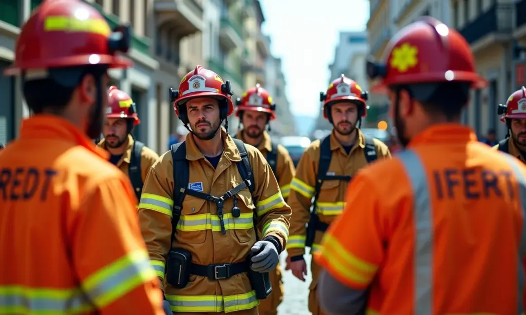 Bombeiros civis e socorristas trabalhando juntos em cena de emergência urbana no Brasil.