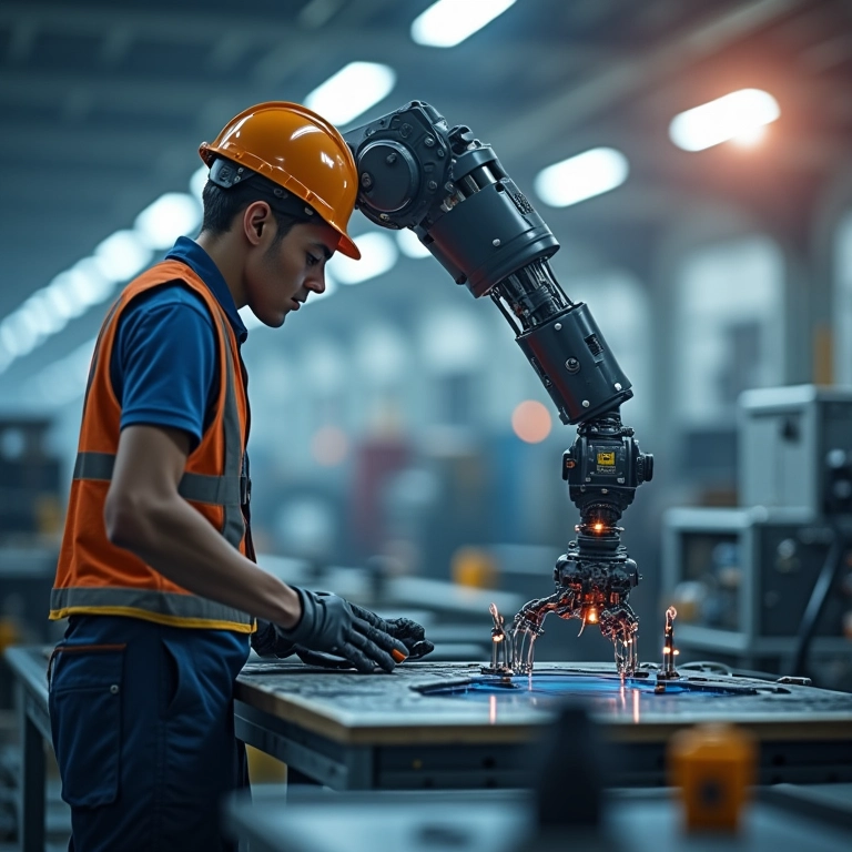 Braço robótico auxiliando trabalhador em fábrica moderna.