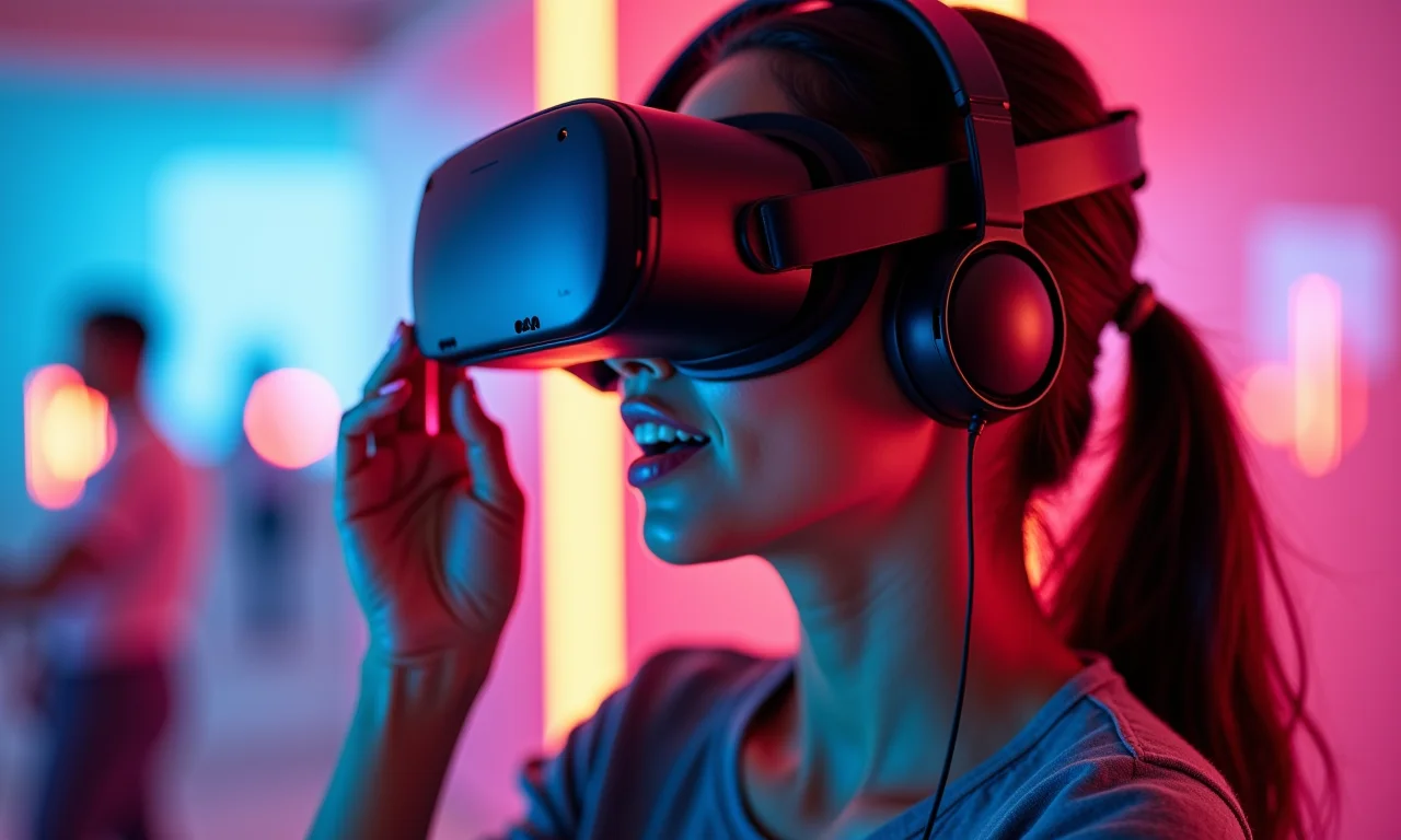 Brasileira usando óculos de realidade virtual, imersa em um jogo 3D.