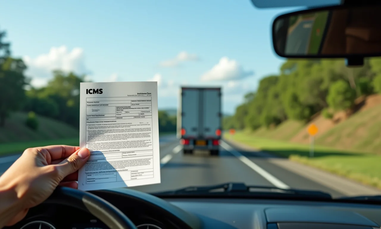 Caminhão em rodovia brasileira com formulário ICMS.