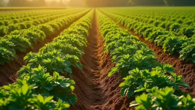 Campo de batatas inglêsas vibrante sob a luz do sol.