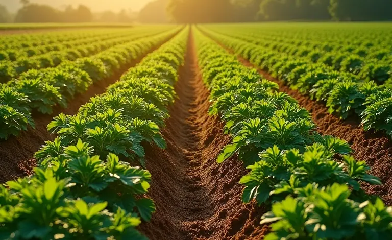 Campo de batatas inglêsas vibrante sob a luz do sol.