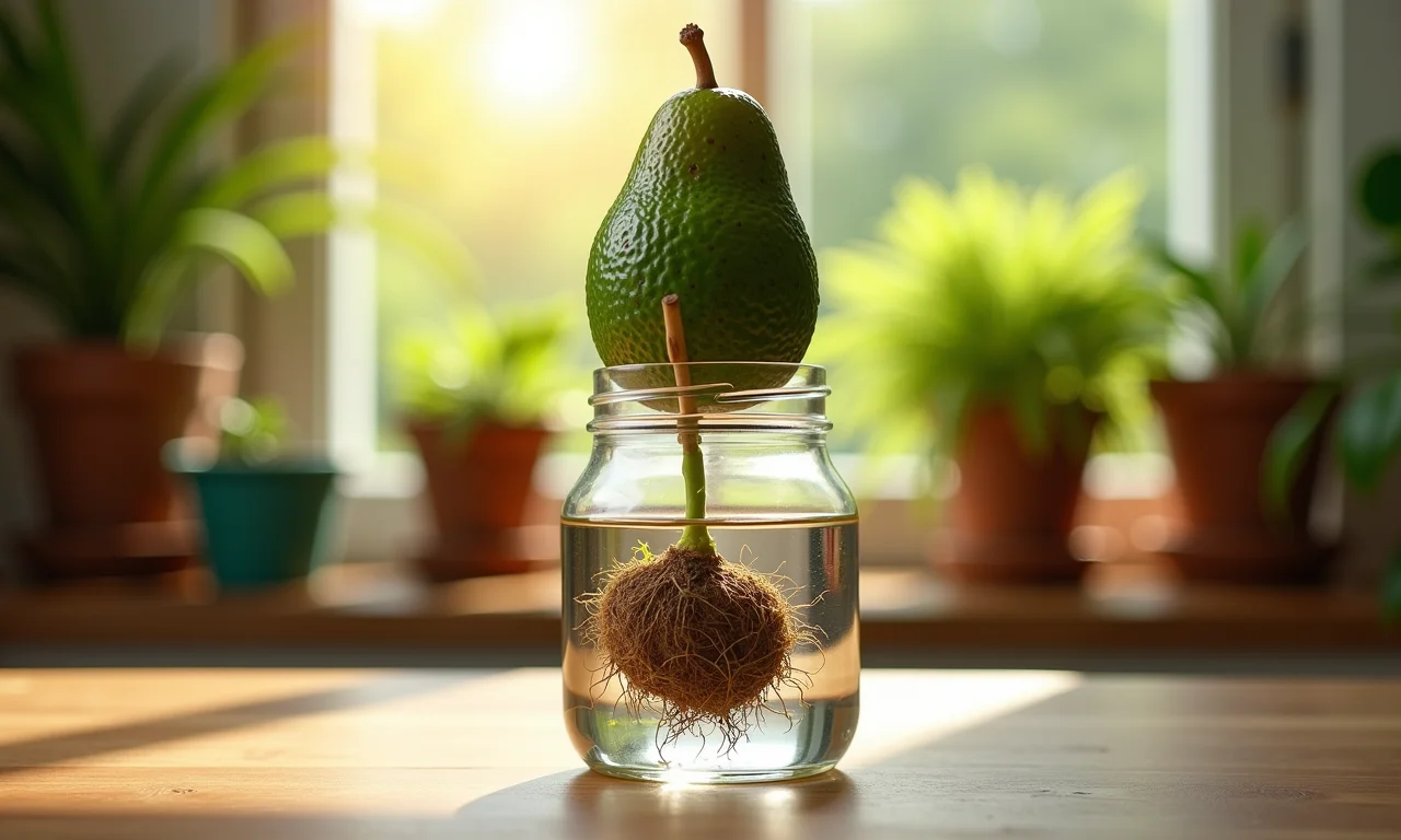 Caroço de abacate suspenso na água germinando.