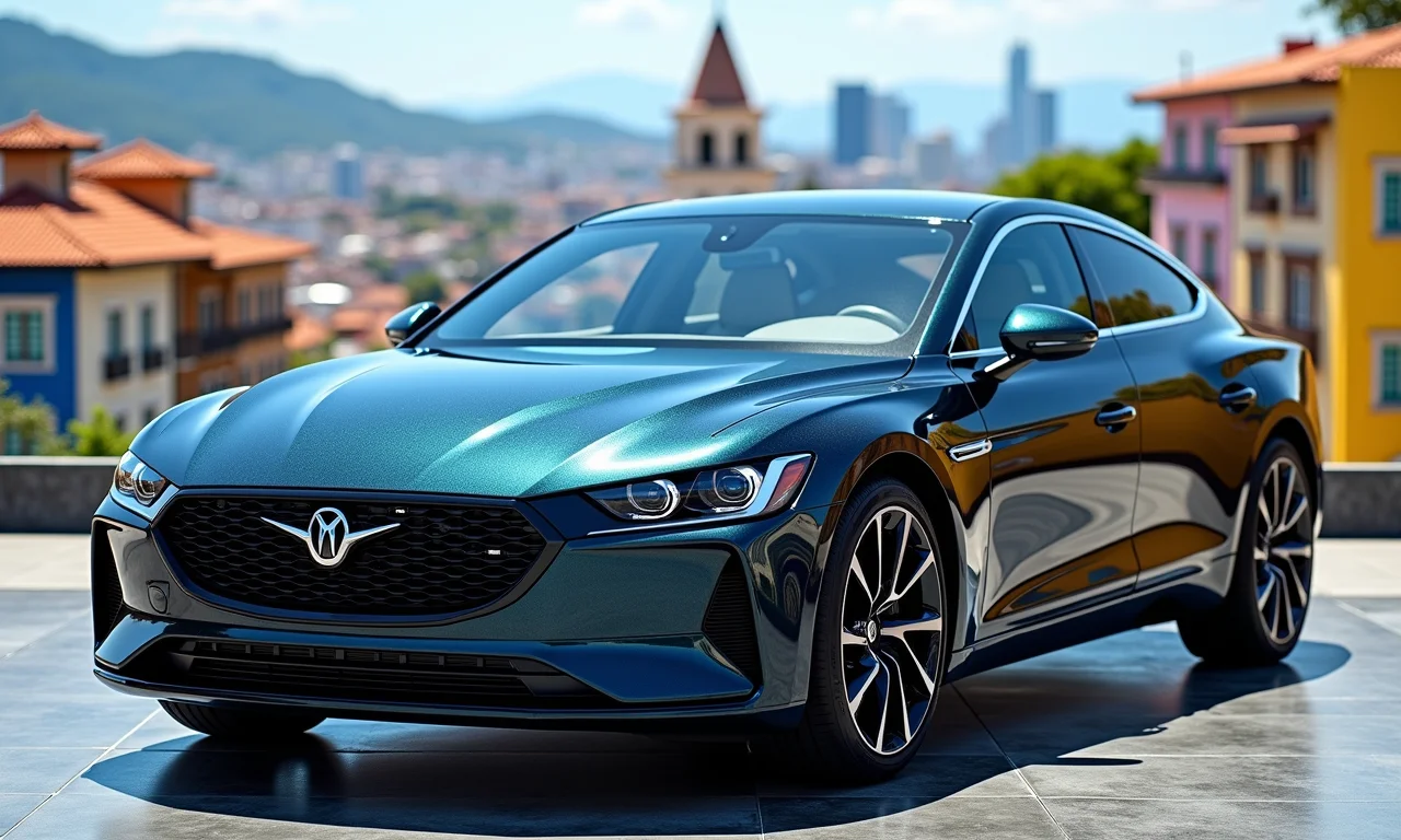 Carro com acabamento cristalizado brilhante em cenário urbano brasileiro.