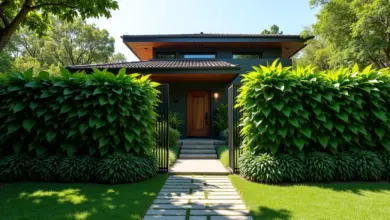 Cerca viva exuberante proporcionando privacidade e beleza a uma casa brasileira moderna.