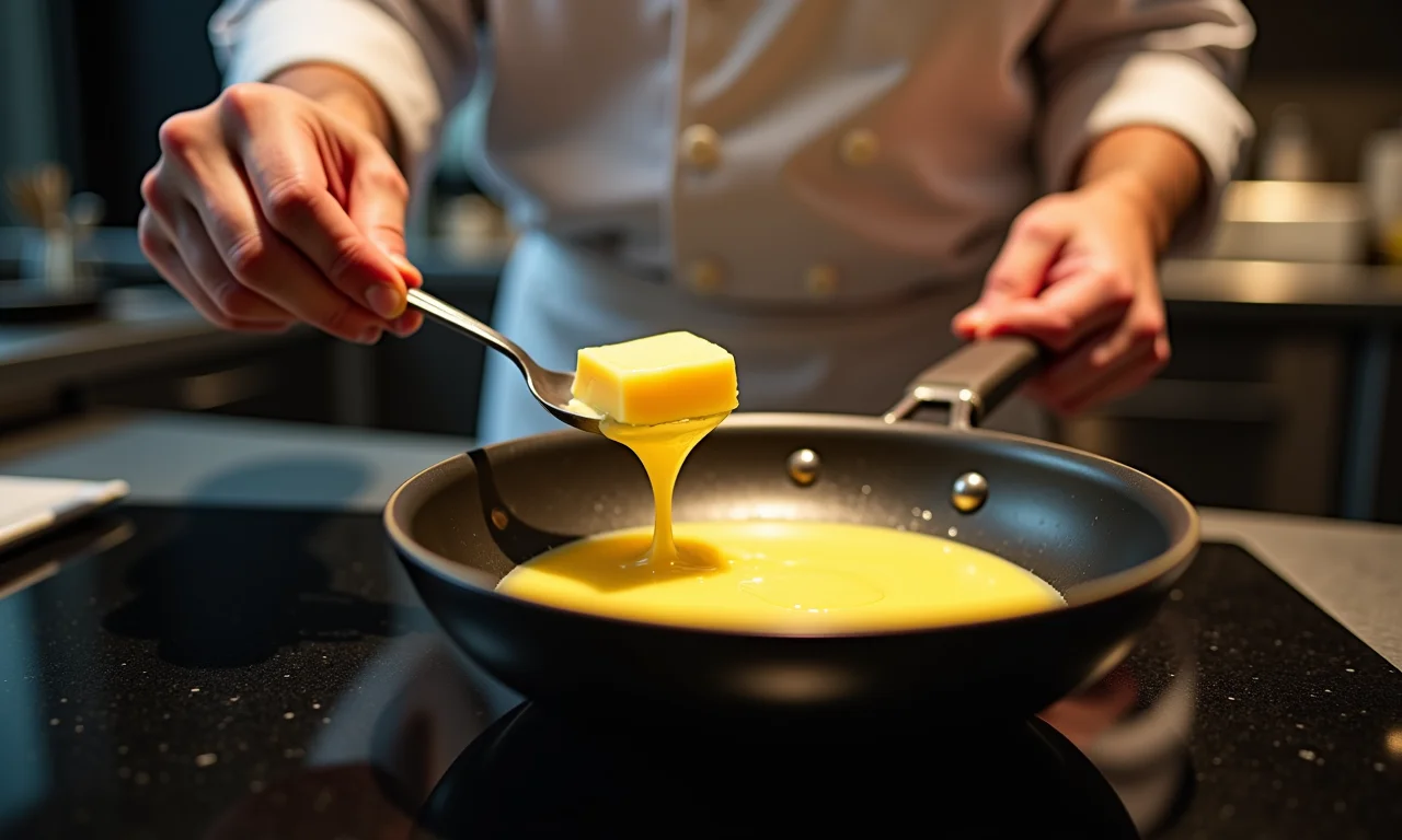 Chef utilizando manteiga em restaurante sofisticado.