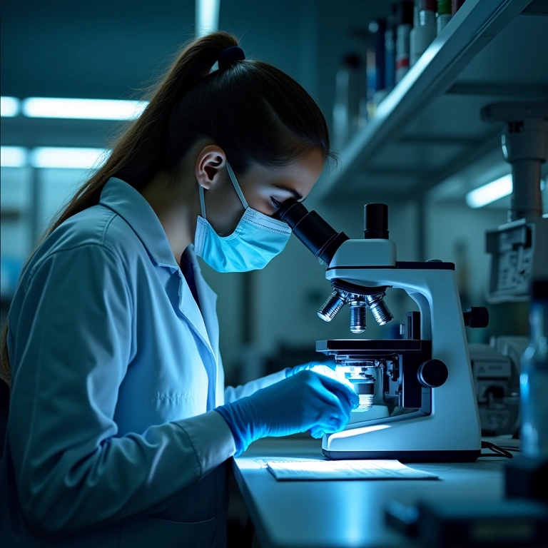 Cientista forense analisando amostras em laboratório com microscópio.