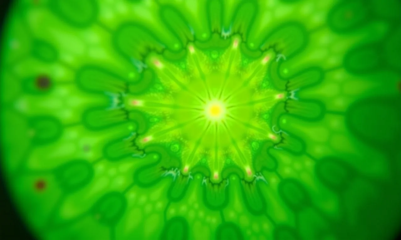 Cloroplastos dentro de uma célula vegetal, mostrando o processo de fotossíntese.