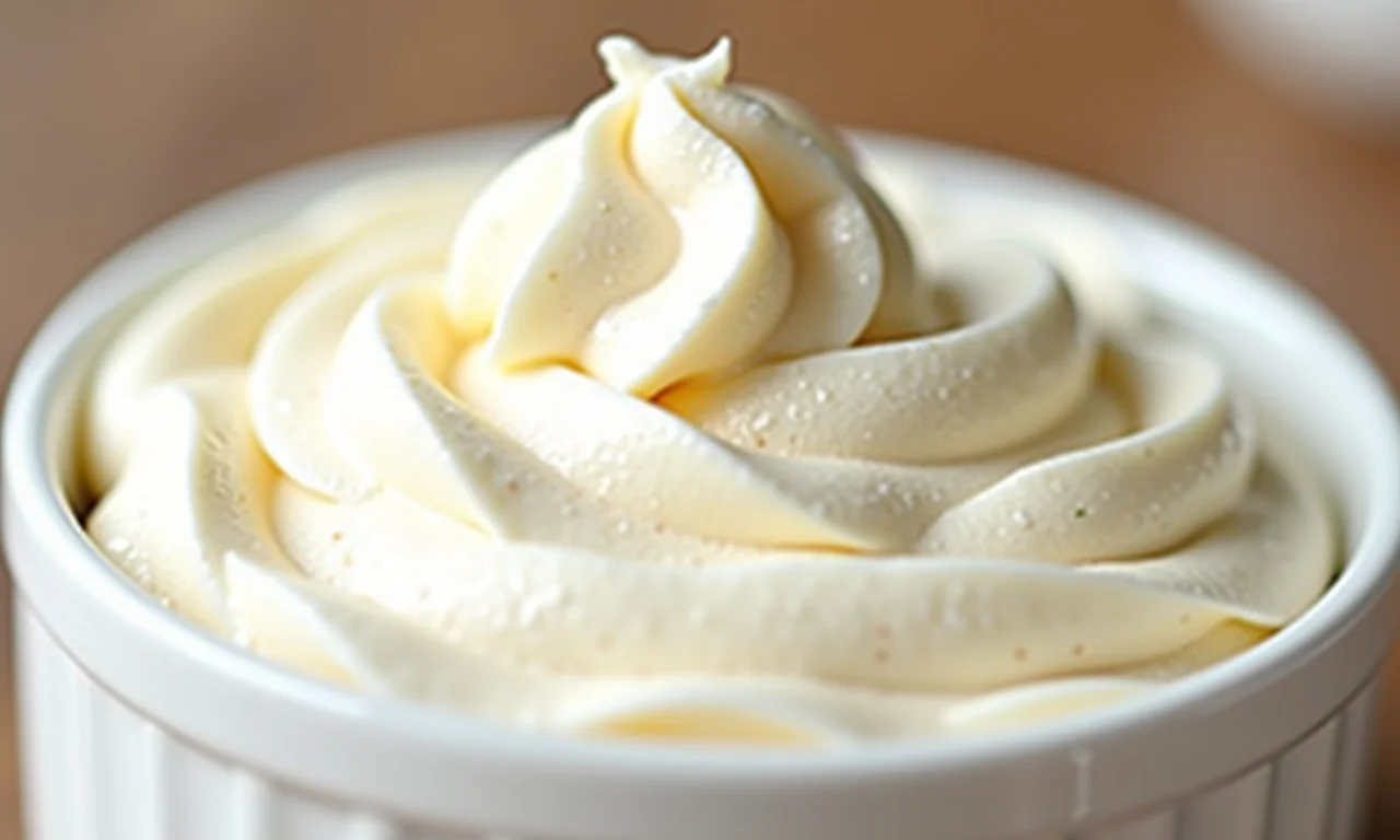 Close-up de chantilly tradicional recém-batido com favas de baunilha.