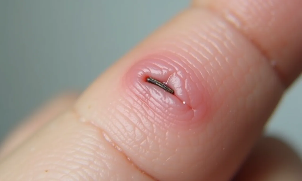 Close-up de um dedo com uma farpa, mostrando a inflamação causada por uma causa comum da inflamação aguda.