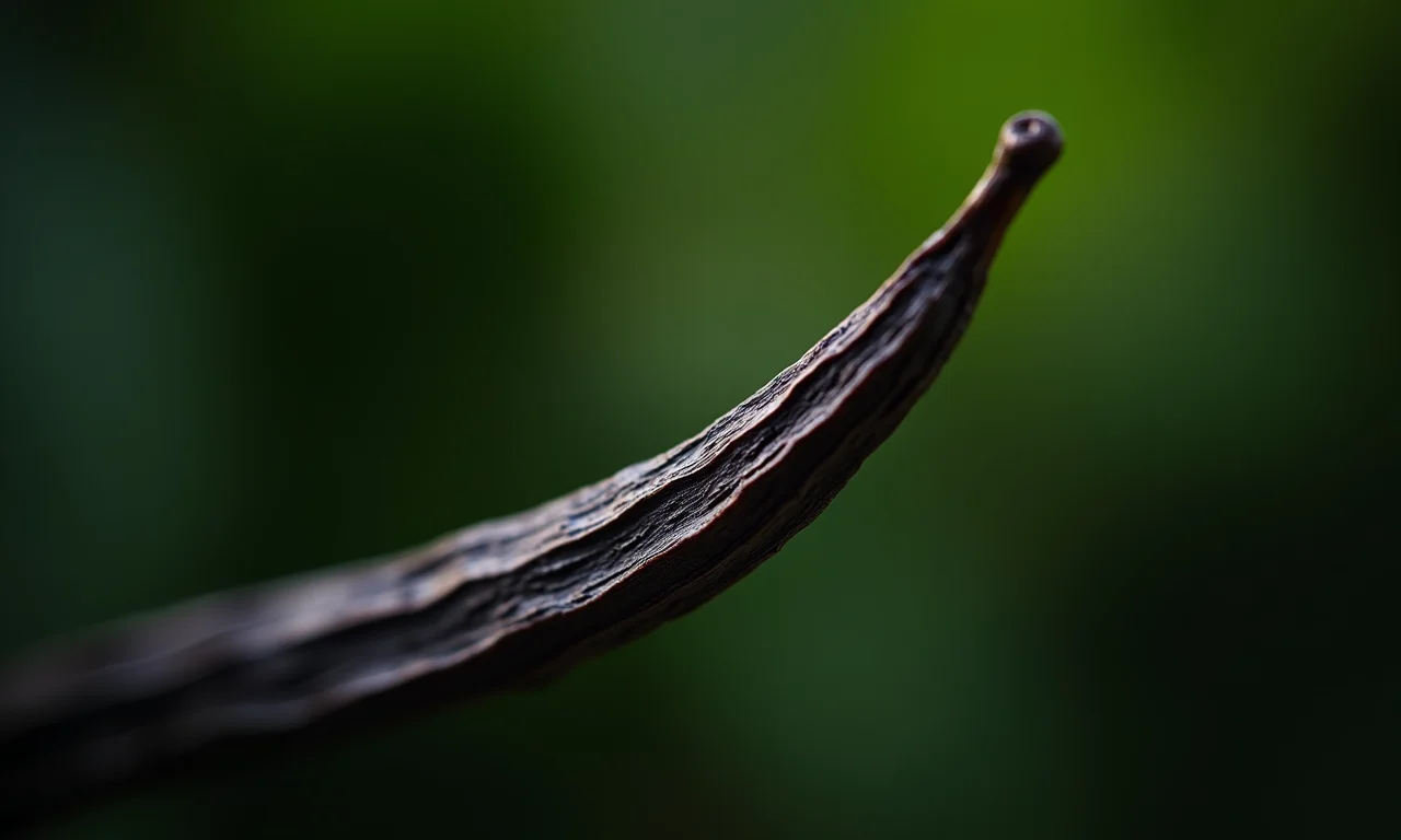 Close-up de uma vagem de Vanilla planifolia, destacando sua qualidade gourmet.