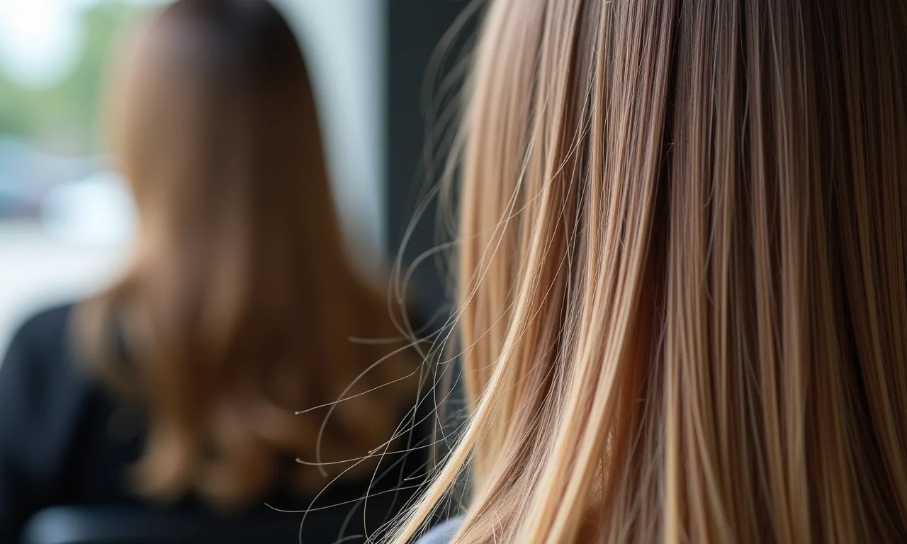 Close-up detalhado de fios de cabelo mostrando a ação da progressiva na cutícula capilar.