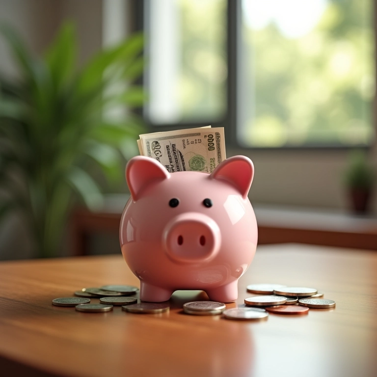 Cofrinho aberto com moedas e notas em casa brasileira iluminada.