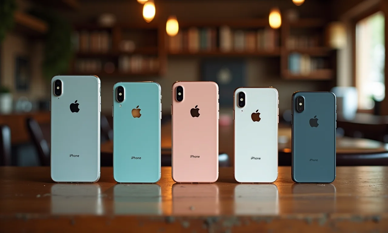 Coleção de iPhones antigos (1 ao 6s) em mesa de madeira.