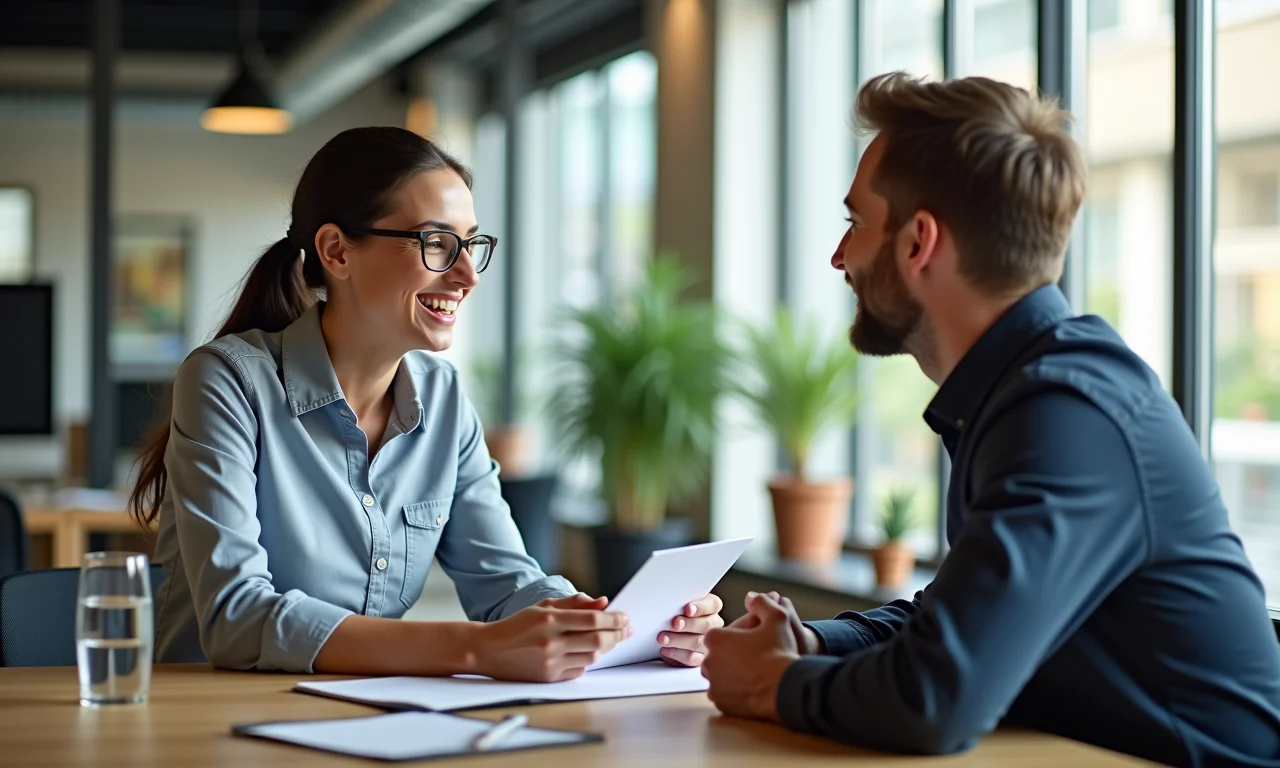 Colegas discutindo salário e benefícios em escritório moderno.