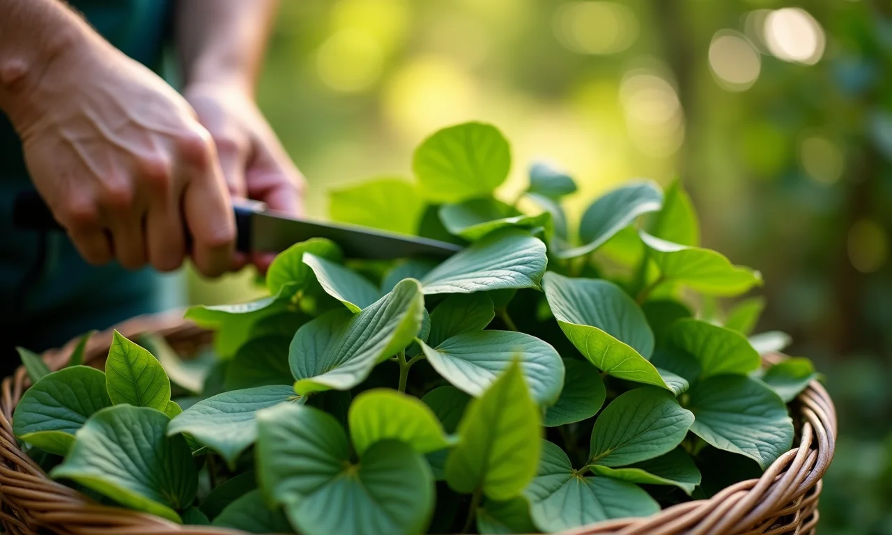 Colheita de folhas de jambu frescas.