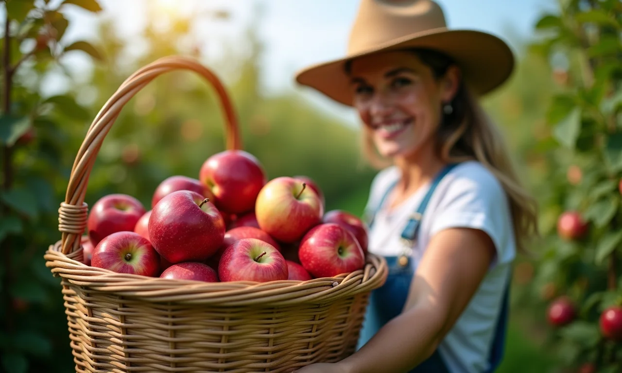 Colhendo maçãs maduras em um cesto.