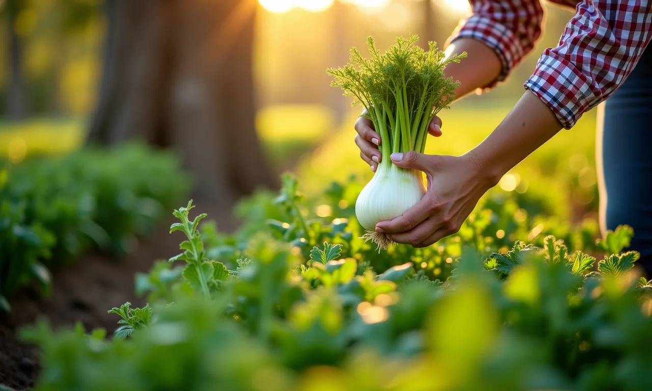 Colhendo o funcho maduro no jardim.
