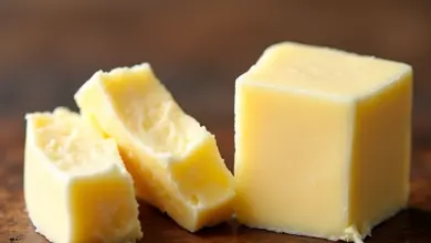 Comparação detalhada de manteiga e margarina em mesa rústica.