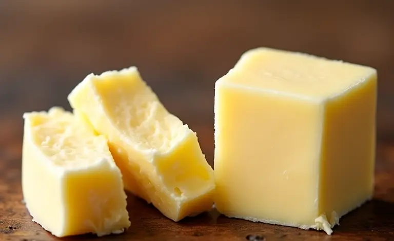 Comparação detalhada de manteiga e margarina em mesa rústica.