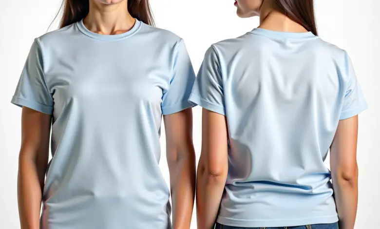 Comparação lado a lado de camisas masculinas e femininas.