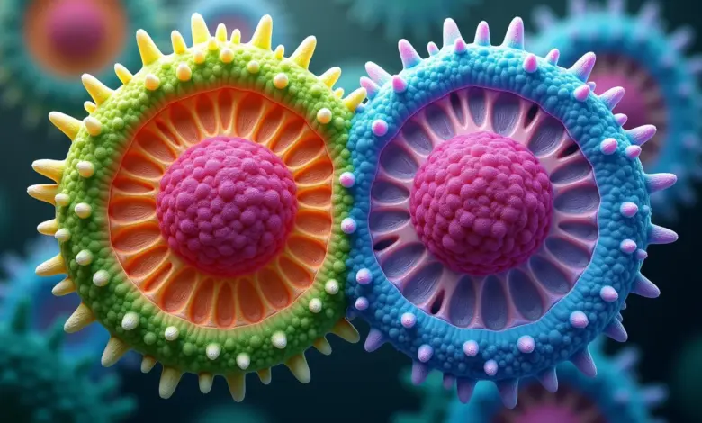 Comparação lado a lado de células vegetais e animais, destacando as diferenças estruturais.