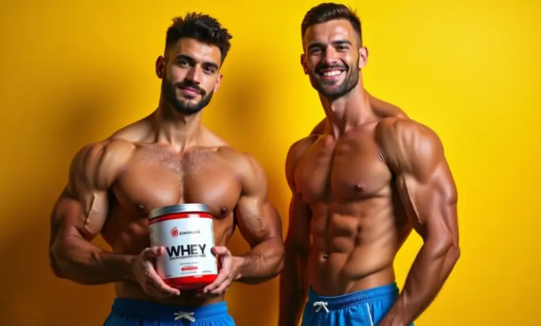 Comparação visual de creatina e whey protein, foco no estilo de vida saudável e suplementação.