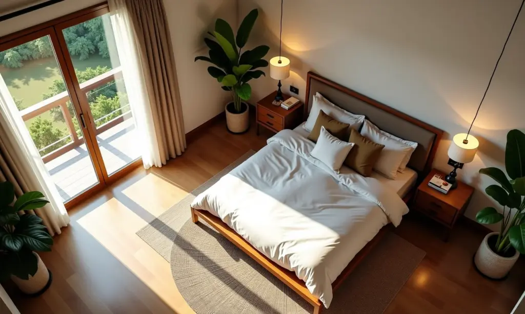Comparação visual entre camas queen e king em um quarto aconchegante.
