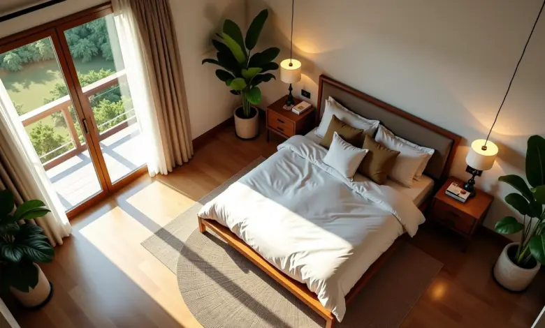 Comparação visual entre camas queen e king em um quarto aconchegante.