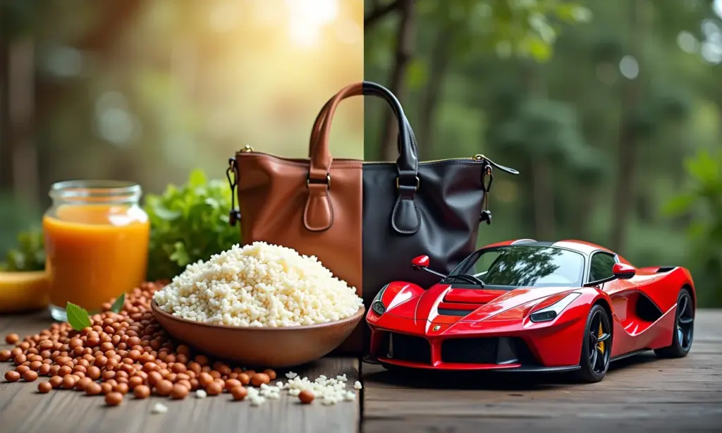Qual A Diferença Entre Necessidade E Desejo? Comparação visual entre necessidades básicas (alimentos) e desejos (artigos de luxo).