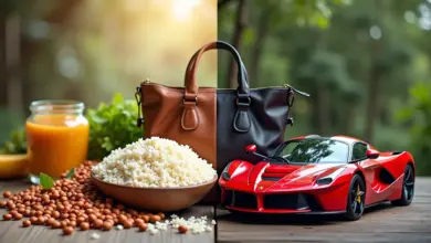 Comparação visual entre necessidades básicas (alimentos) e desejos (artigos de luxo).