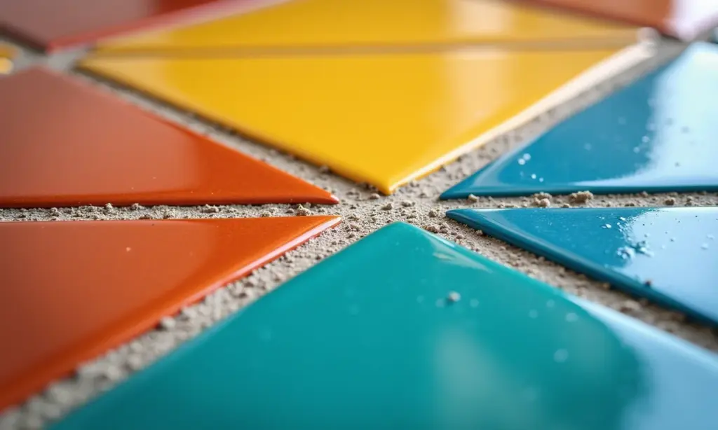 Comparação visual entre rejunte acrílico e resinado em azulejos coloridos brasileiros.