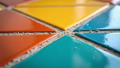 Comparação visual entre rejunte acrílico e resinado em azulejos coloridos brasileiros.