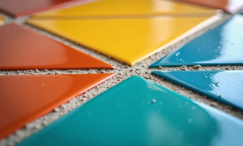 Comparação visual entre rejunte acrílico e resinado em azulejos coloridos brasileiros.