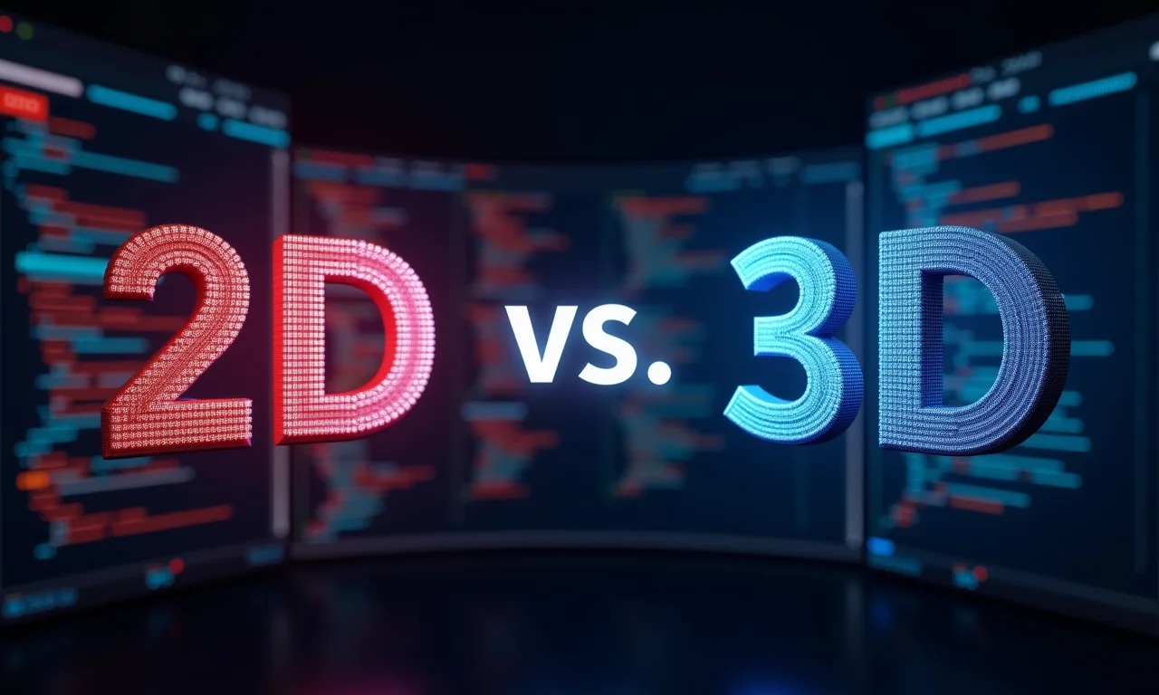 Comparativo entre interfaces de softwares 2D e 3D, mostrando a complexidade.