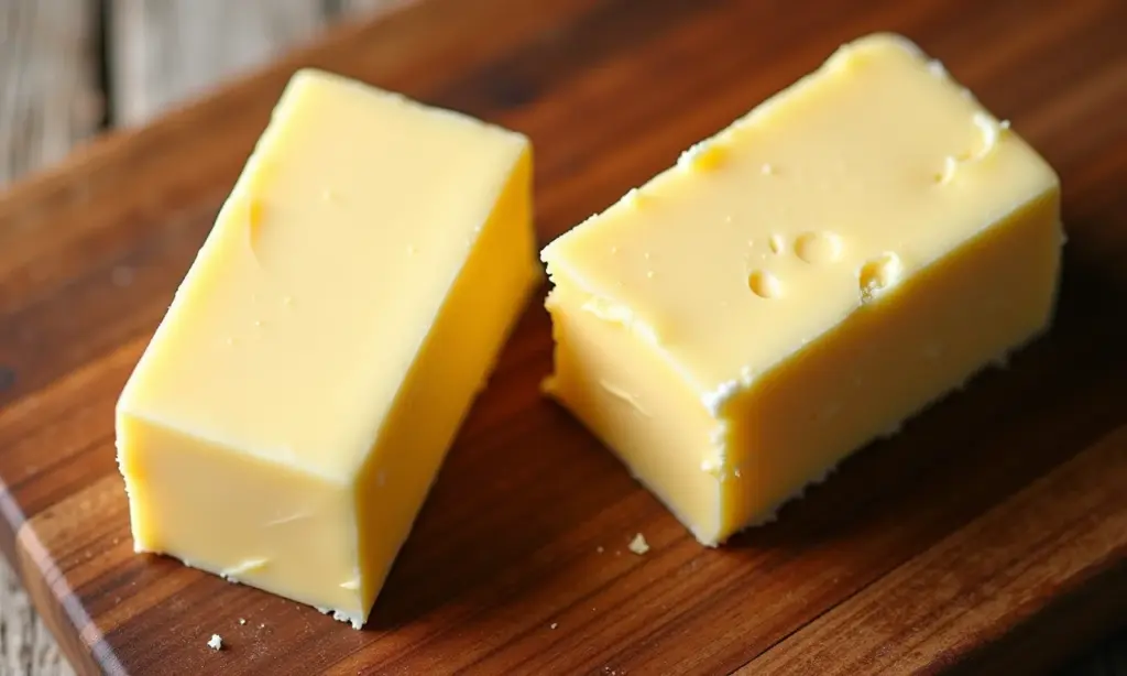 Qual A Diferença De Manteiga Para Margarina? Comparativo visual de manteiga e margarina em tábua de madeira.