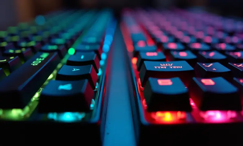 Comparativo visual entre teclado mecânico e de membrana com iluminação RGB.