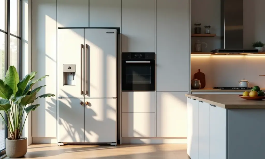 Comparativo visual entre um refrigerador moderno e um modelo clássico em uma cozinha brasileira.