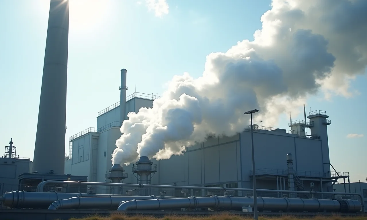 Complexo industrial com vapor saindo de tubulações, representando processos industriais e troca de calor.